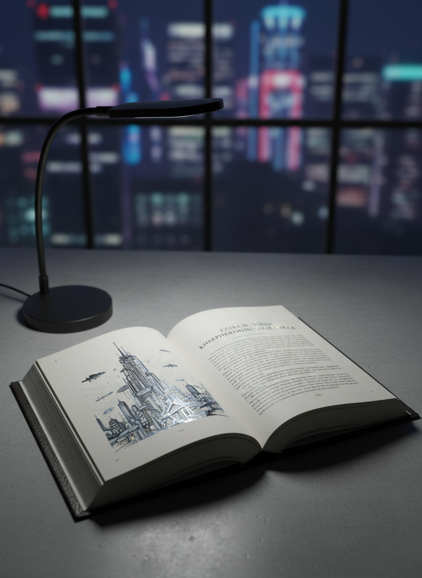 An open hardcover book in Russian lying on a smooth concrete tabletop, its cream pages filled with dense, elegant text. On one visible page, a precisely printed chapter title hints at a detective mystery, while opposite, a small, detailed illustration of a futuristic cityscape glows in subtle metallic ink. A high-tech, matte-black reading lamp casts focused, cool-white light, creating a pool of clarity amid surrounding shadow. In the softly blurred background, a large window reveals an abstract night skyline with faint neon reflections. Photographic, cinematic realism, overhead three-quarter angle, calm yet tense atmosphere, perfect for showcasing excerpts.