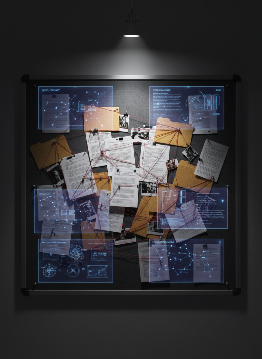 A large, wall-mounted board combining classic detective investigation and futuristic analysis: neatly arranged folders, printed pages with red string connections, holographic-looking transparent overlays with constellations and technical diagrams, all in Russian text. The surface is a dark charcoal fabric framed in brushed steel. A single adjustable spotlight above creates dramatic, high-contrast lighting, illuminating the center while corners fade into darkness. Subtle reflections on metallic pins and clips add visual richness. Shot straight-on with sharp focus across the whole frame, photographic realism, conveying intellectual sophistication, complex plots, and the fusion of mystery and science fiction.