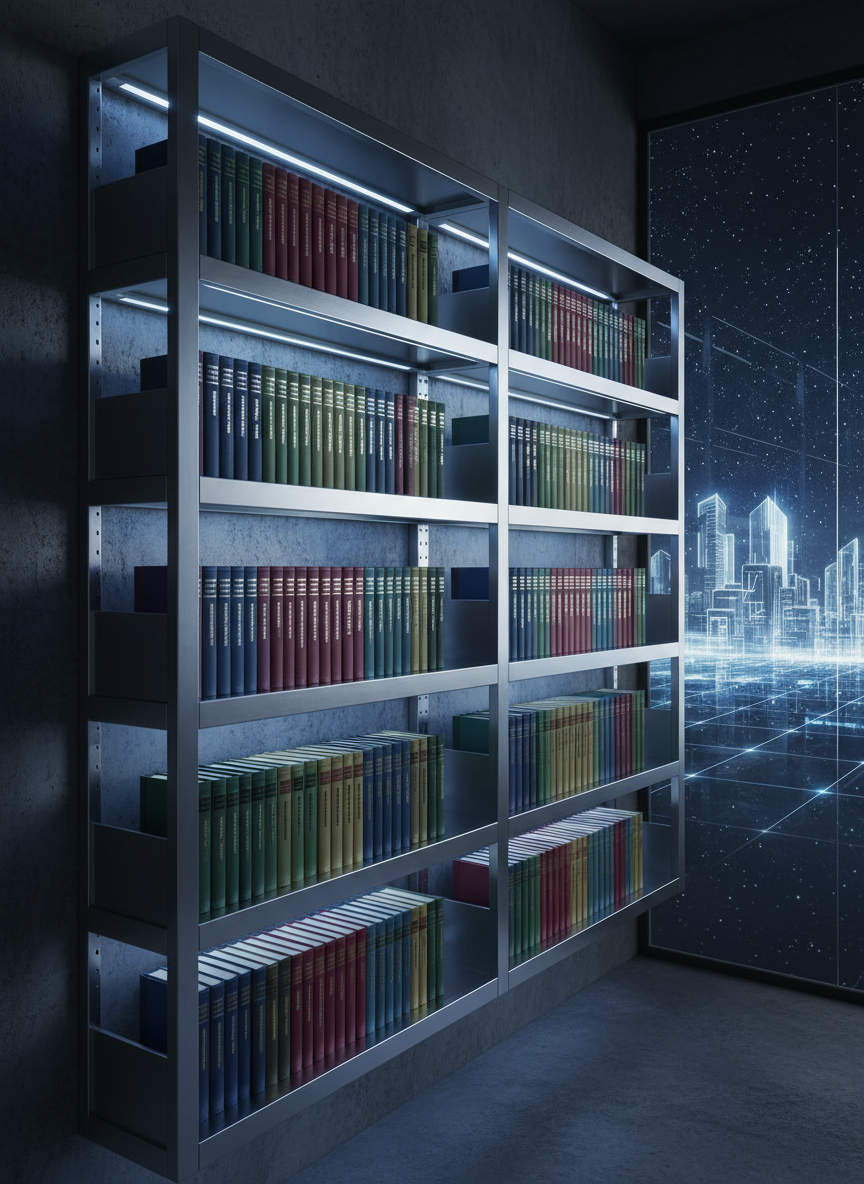 A sleek, futuristic metal bookshelf built into a shadowy wall, each shelf holding impeccably aligned hardcovers of Alexander Shaevich’s fictional works, their spines in muted jewel tones with silver Cyrillic lettering. Thin horizontal LED strips under each shelf cast a cool, soft glow, creating subtle reflections on the metallic edges and gentle gradients on the book spines. In the far background, barely visible through a glass partition, hints of starfields and a schematic city grid appear. Wide-angle, slightly off-center composition, photographic realism, tranquil yet enigmatic atmosphere suitable for a catalog or bibliography section.