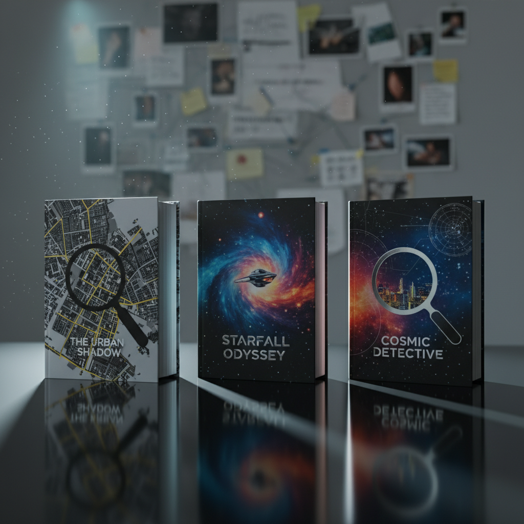 A stack of three distinct novels standing upright on a reflective black glass surface: one with a minimalist detective-style cover featuring a stylized magnifying glass over a dark city map, another with a cosmic nebula and sleek spacecraft for science fiction, and a third blending both motifs. Fine dust motes float in the air, caught by a narrow shaft of cool studio light from the left, carving crisp edges and deep shadows. In the blurred background, a wall of pinned clues, diagrams, and star charts suggests intricate plots. Photographic realism, slightly low angle, clean and modern composition, evoking a sophisticated author’s portfolio.